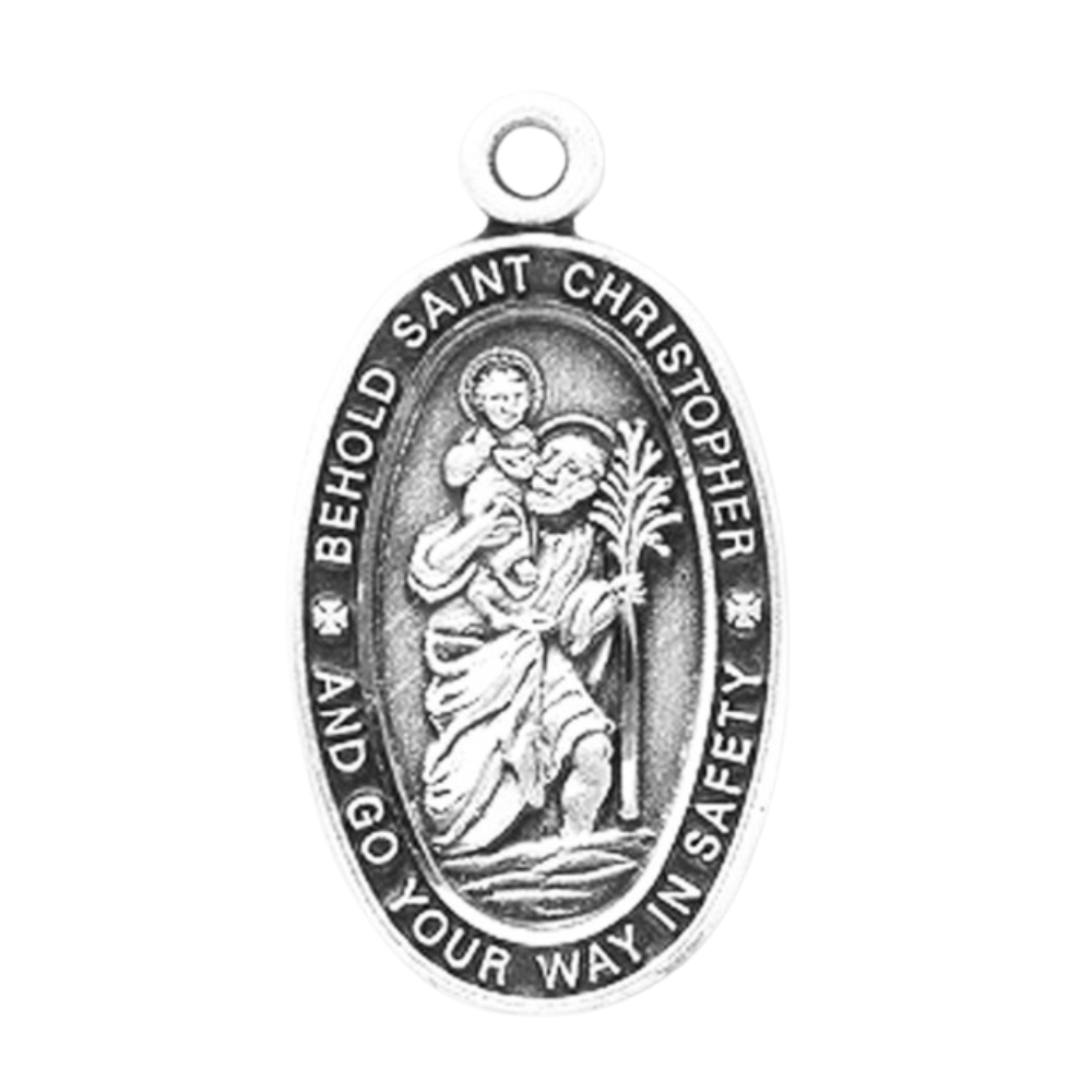 Saint Christopher Sterling Silver Oval Medal Necklace — 18" Chain, Gift Box