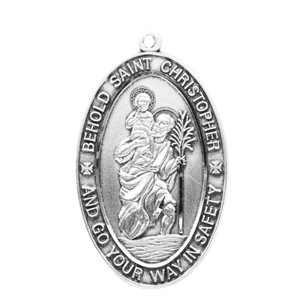 Saint Christopher Sterling Silver Oval Medal Necklace — 24" Chain, Gift Box