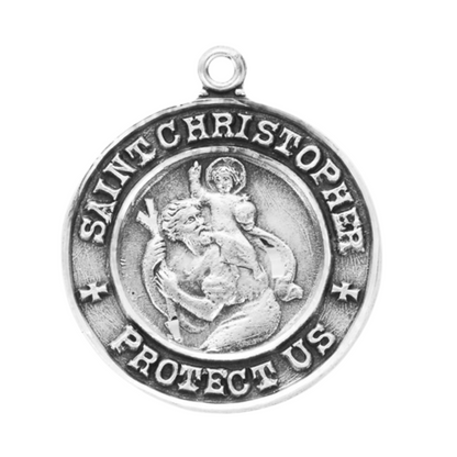 Saint Christopher Sterling Silver Round Medal Necklace — 24" Chain, Gift Box