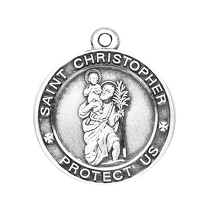 Saint Christopher Sterling Silver Round Medal — 18" Chain, Gift Box Included