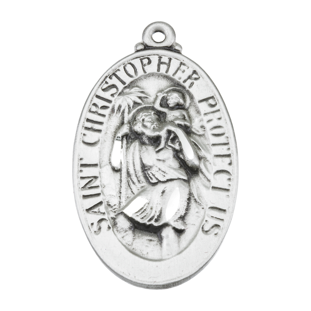 Saint Christopher Oval Sterling Silver Medal — 24" Chain, Gift Box Included