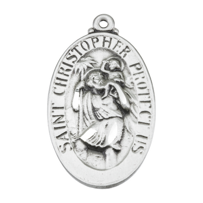 Saint Christopher Oval Sterling Silver Medal — 24" Chain, Gift Box Included