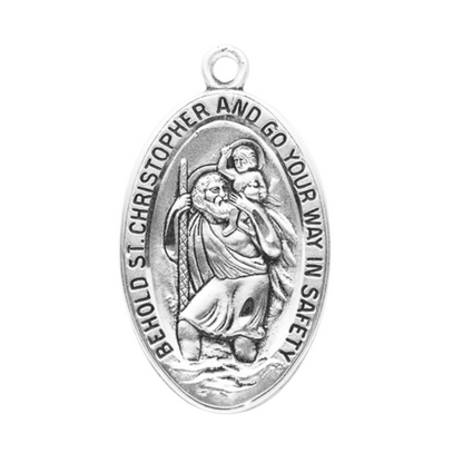 Saint Christopher Sterling Silver Oval Medal Necklace — 24" Chain, Gift Box