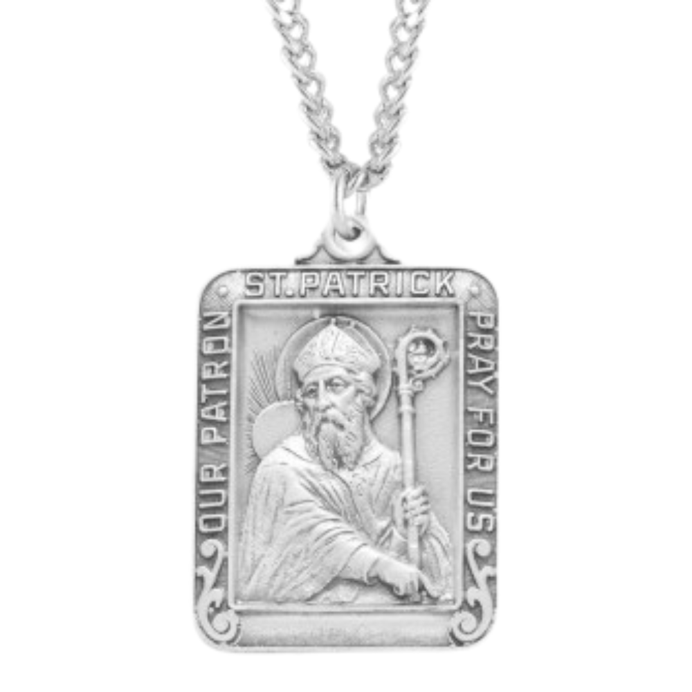 Sterling Silver Lrg Square St Patrick , Catholic Gift, Made in USA