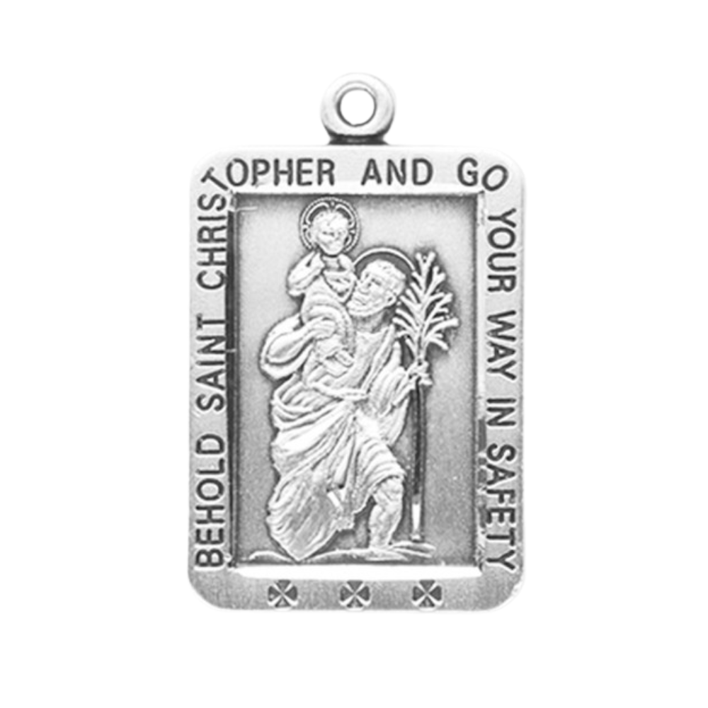 Saint Christopher Sterling Silver Square Medal Necklace — 24 Inch Chain, Gift Box
