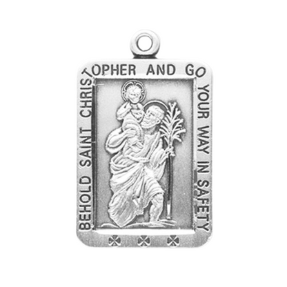 Saint Christopher Sterling Silver Square Medal Necklace — 24 Inch Chain, Gift Box