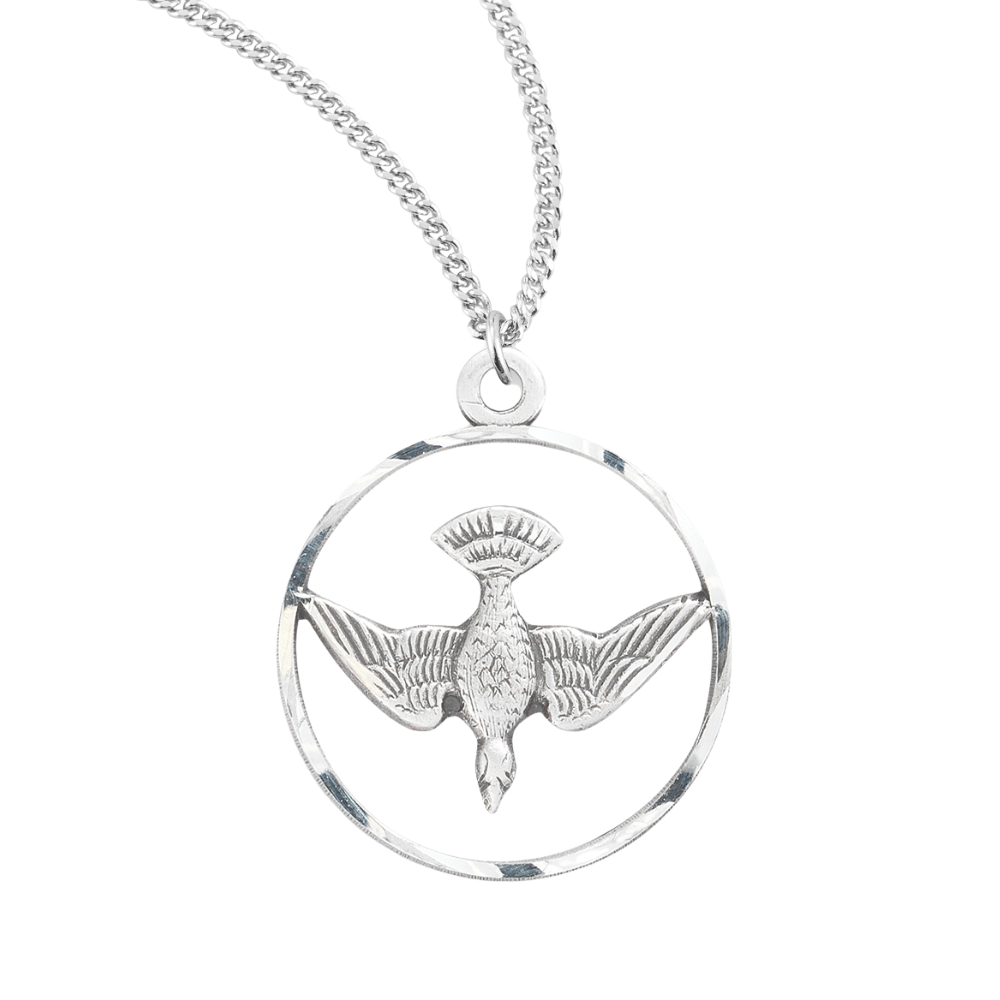 Women's Sterling Silver Holy Spirit Medal Pendant Necklace on 18" Rhodium Plated Stainless Steel Chain, Christian Devotional Jewelry, Made in USA- Deluxe Velvet Gift Box Included