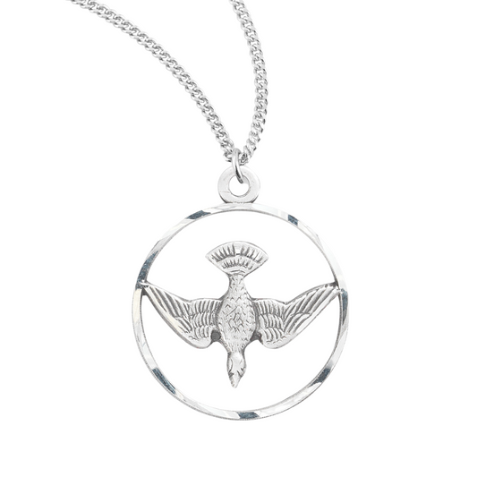 Women's Sterling Silver Holy Spirit Medal Pendant Necklace on 18" Rhodium Plated Stainless Steel Chain, Christian Devotional Jewelry, Made in USA- Deluxe Velvet Gift Box Included