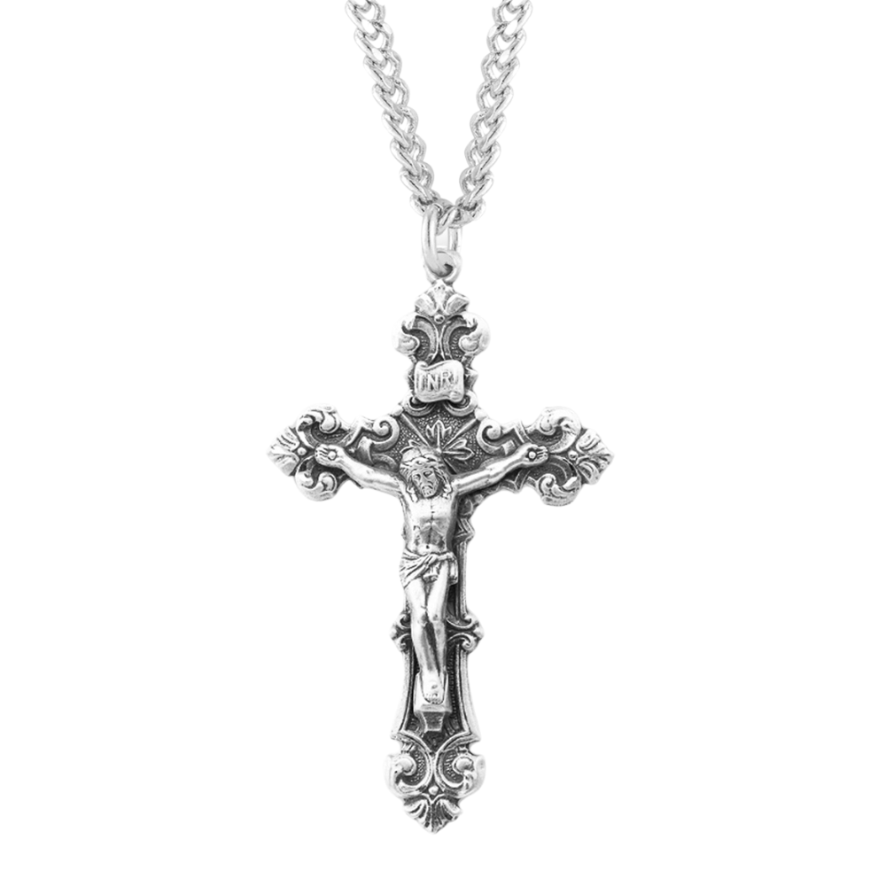 Sterling Silver Filigree Scroll Relief Design Crucifix, Catholic Gift, Made in USA