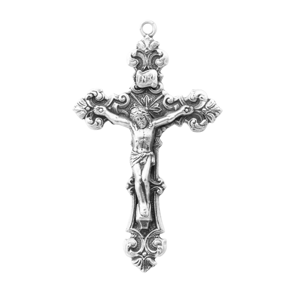 Filigree Scroll Relief Crucifix Sterling Silver Pendant — 24" Chain, USA Made