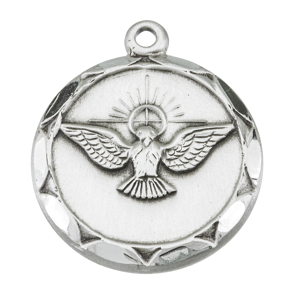 Holy Spirit Round Medal Sterling Silver Pendant Necklace — 18" Chain, Gift Box