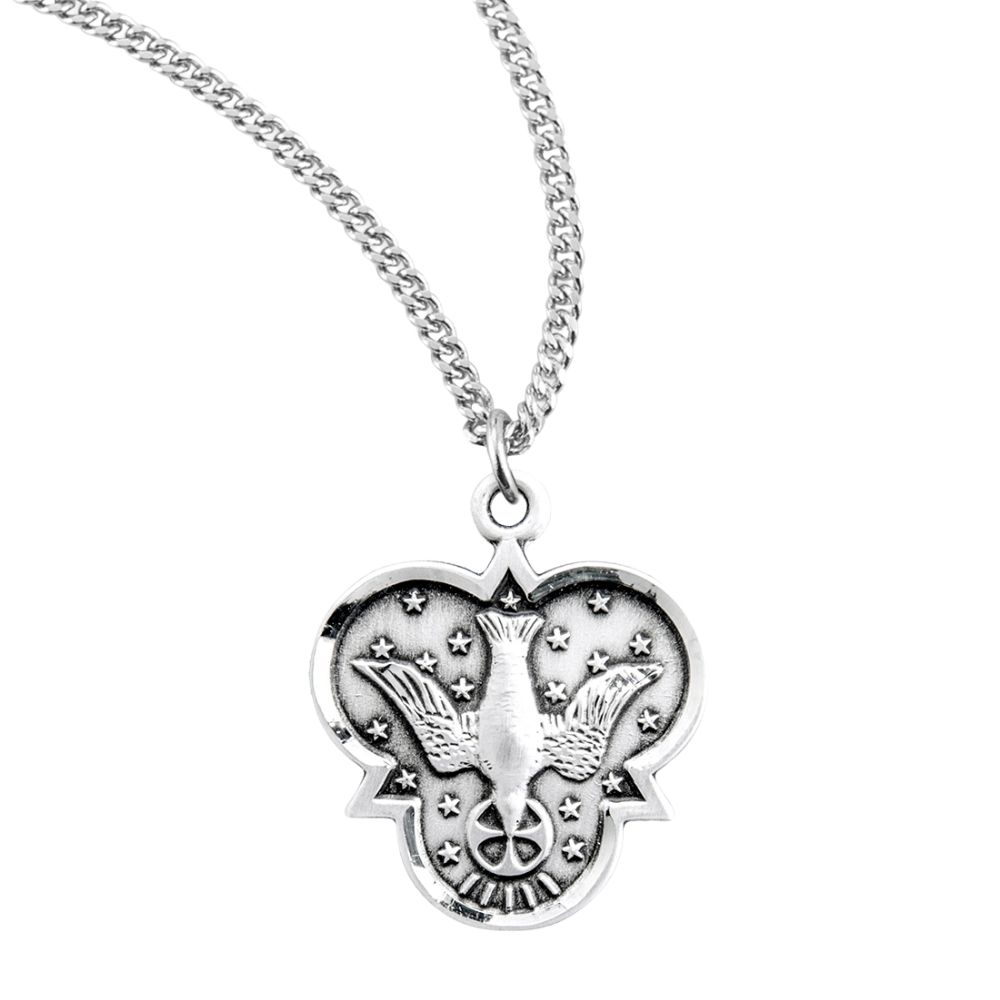 Sterling Silver Trinity Holy Spirit Medal, 18" Rhodium Plated Stainless Steel Chain Necklace, Made in USA- Deluxe Velvet Gift Box Included