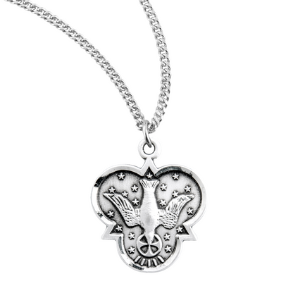 Sterling Silver Trinity Holy Spirit Medal, 18" Rhodium Plated Stainless Steel Chain Necklace, Made in USA- Deluxe Velvet Gift Box Included