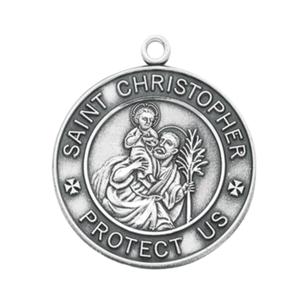 Saint Christopher Sterling Silver Round Military Medal Necklace — 24" Chain