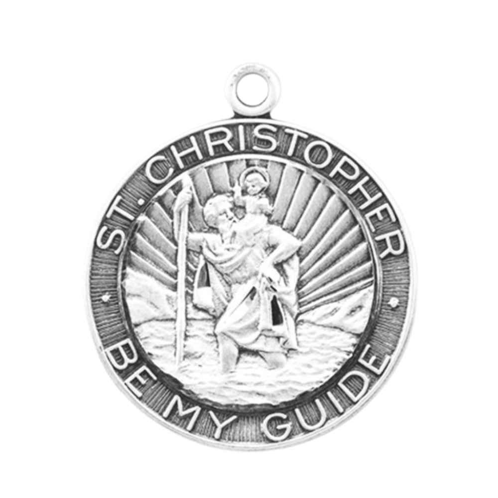 Saint Christopher Round Sterling Silver Medal Pendant — 24" Chain, Gift Box
