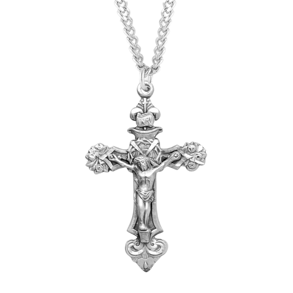 Sterling Silver Filigree Scroll Relief Design Crucifix, Catholic Gift, Made in USA