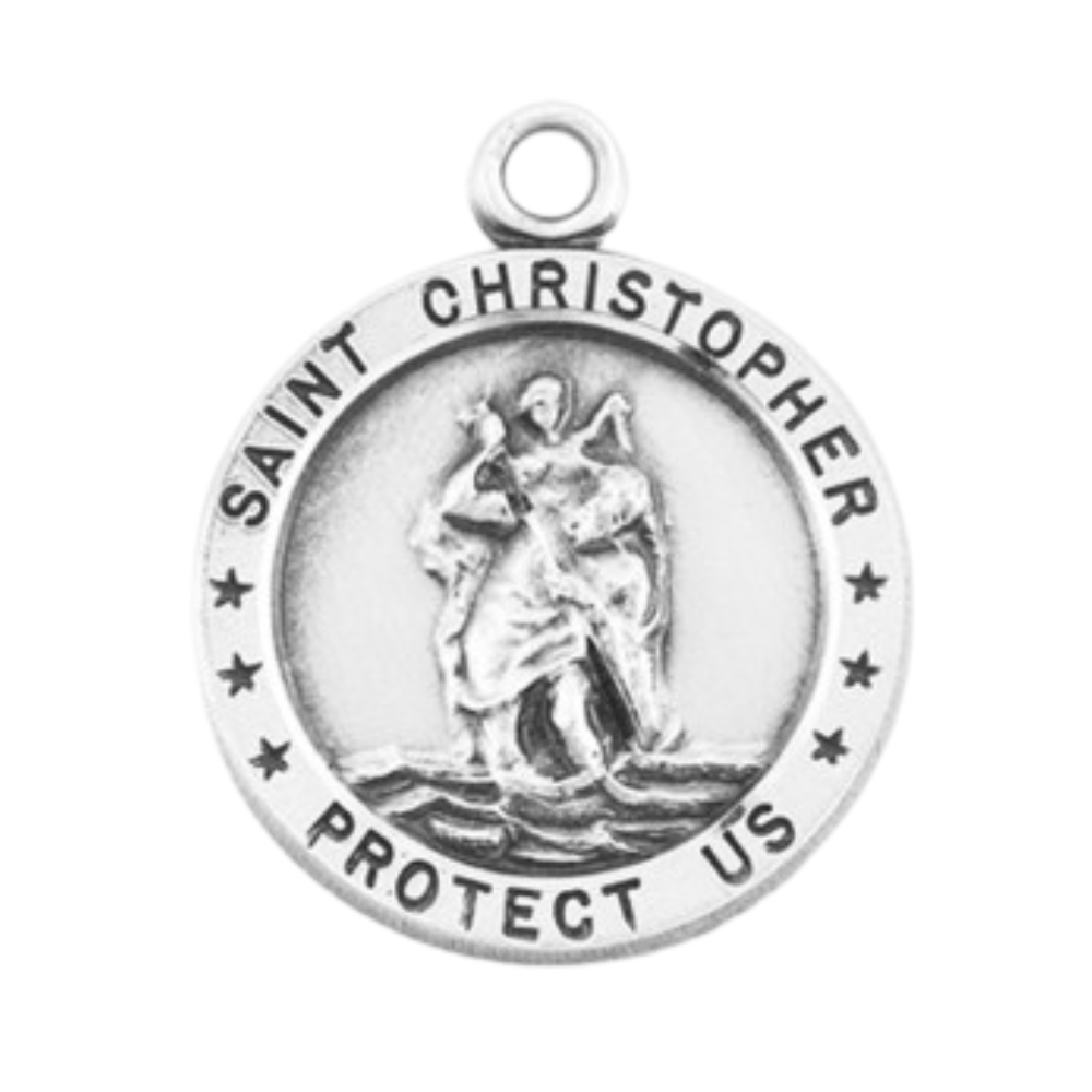 Saint Christopher Sterling Silver Round Medal Pendant — 24" Chain, Gift Box