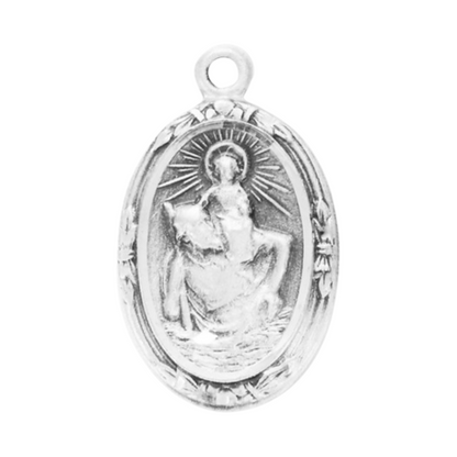 Saint Christopher Sterling Silver Oval Medal Necklace — 24" Chain, Gift Box