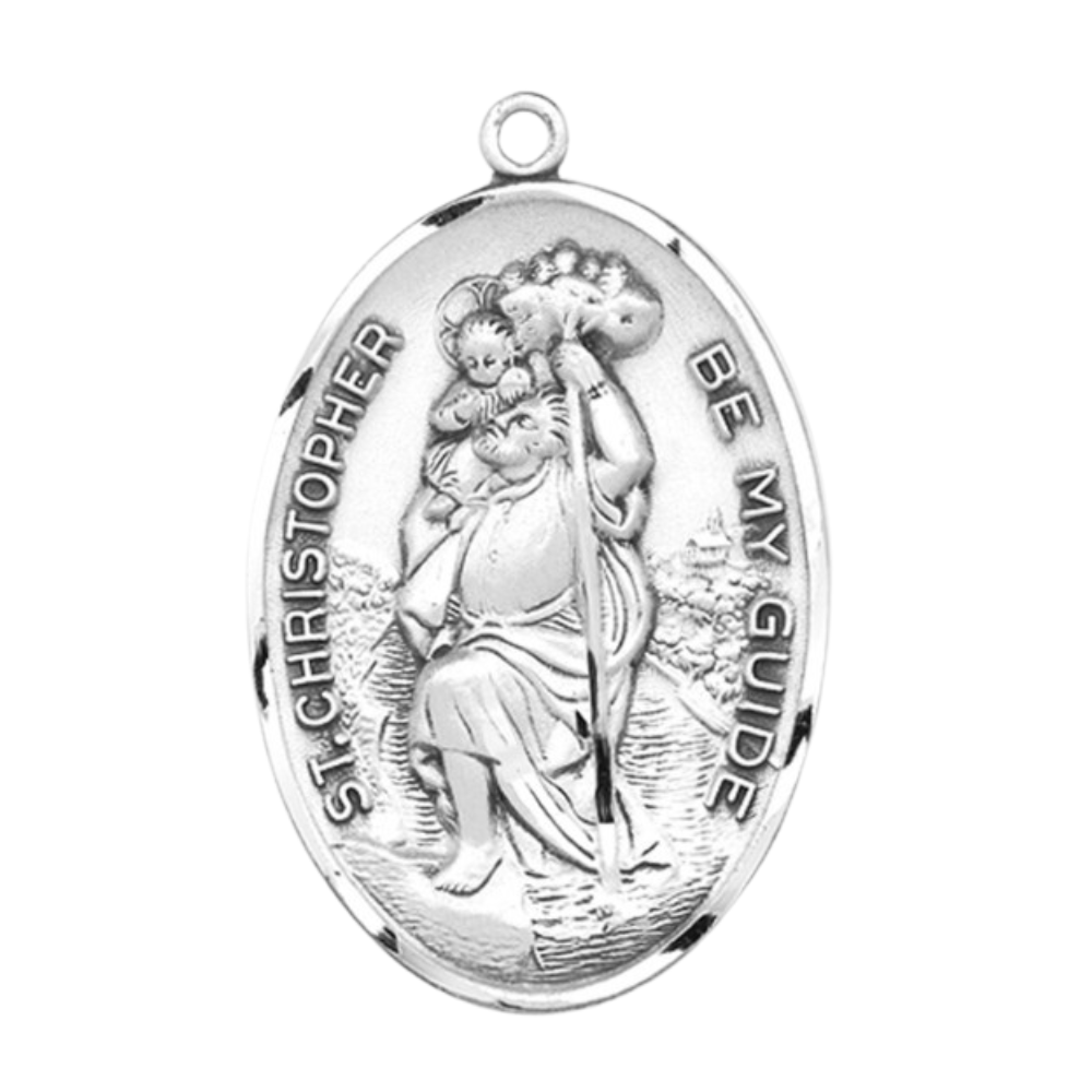 Saint Christopher Sterling Silver Medal Necklace — 27" Chain, Made in USA