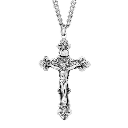 Sterling Silver Filigree Scroll Relief Design Crucifix, Catholic Gift, Made in USA