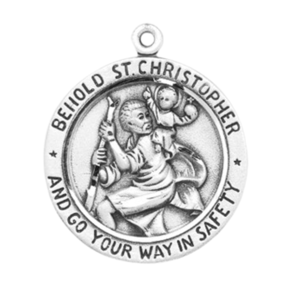 Saint Christopher Sterling Silver Round Medal — 24" Chain, Made in USA, Gift Box