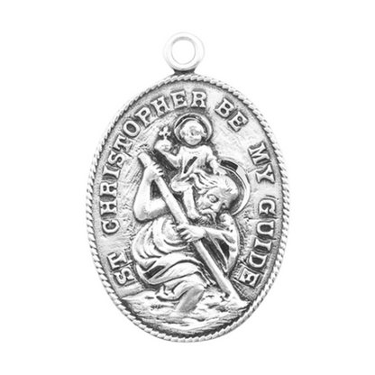 Saint Christopher Sterling Silver Oval Medal Necklace — 24" Chain, Gift Box