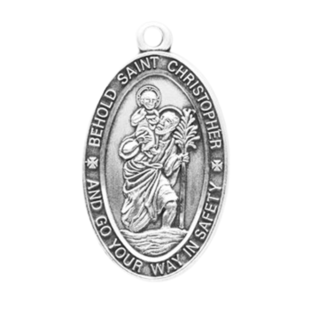 Saint Christopher Sterling Silver Oval Medal — 24" Chain, Made in USA, Gift Box