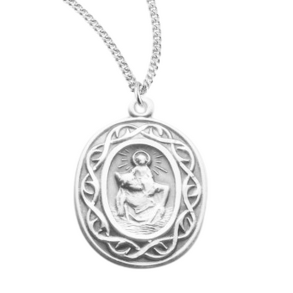 Saint Christopher Oval Sterling Silver "Crown of Thorns" Medal, Catholic Gift, Made in USA
