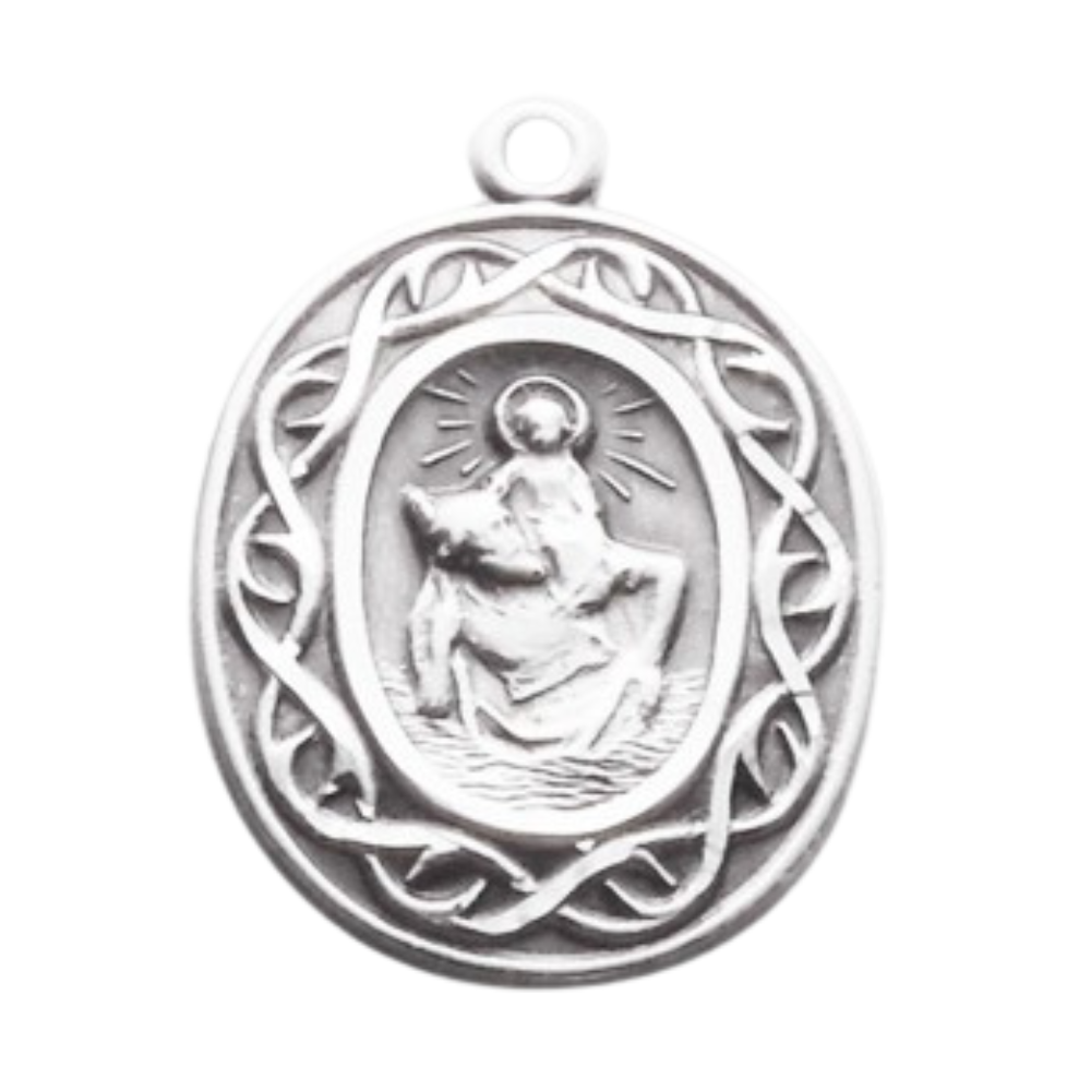 Saint Christopher Oval Sterling Silver Crown of Thorns Medal — 18" Chain