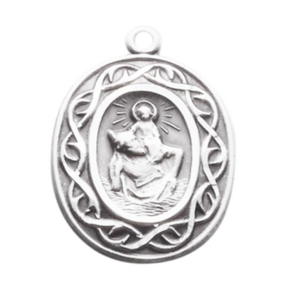 Saint Christopher Oval Sterling Silver Crown of Thorns Medal — 18" Chain