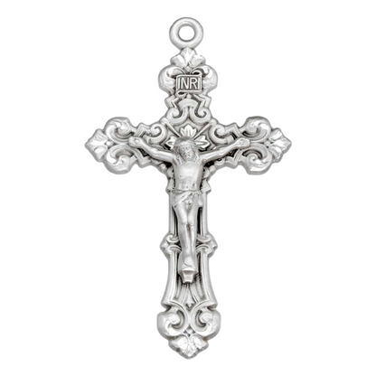 Crucifix Sterling Silver Fancy Pendant — 24" Curb Chain, Made in USA, Gift Box