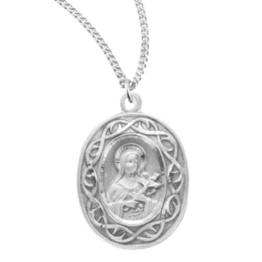 Saint Therese of Lisieux Oval Sterling Silver "Crown of Thorns" Medal, Catholic Gift, Made in USA