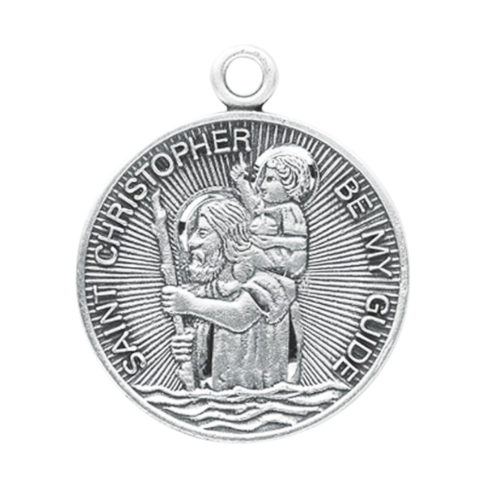 Saint Christopher Sterling Silver Round Medal Necklace — 24" Chain, Gift Box