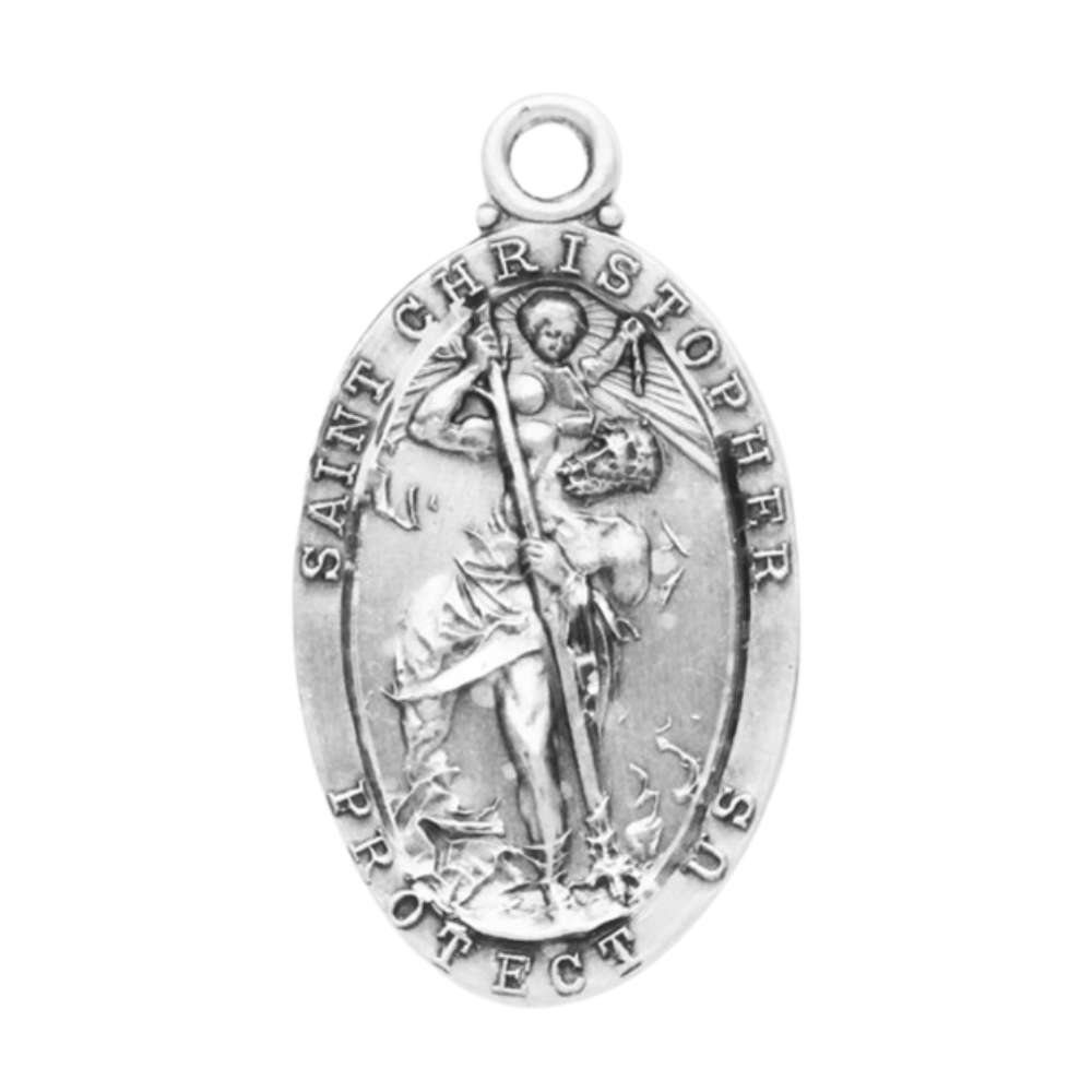 Saint Christopher Sterling Silver Oval Medal Necklace — 24" Chain, Gift Box