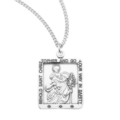 Saint Christopher Square Sterling Silver Medal, Catholic Gift, Made in USA