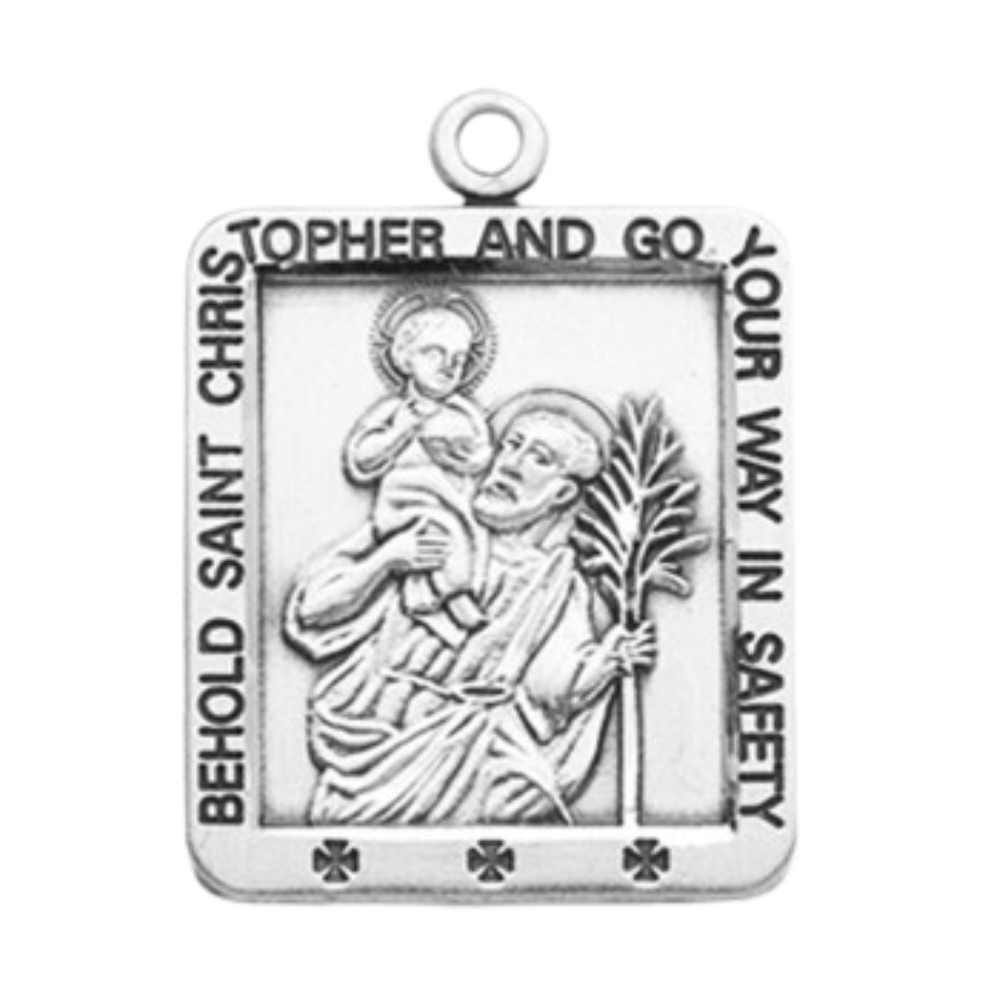 Saint Christopher Sterling Silver Square Medal Pendant Necklace, 18 Inch Chain