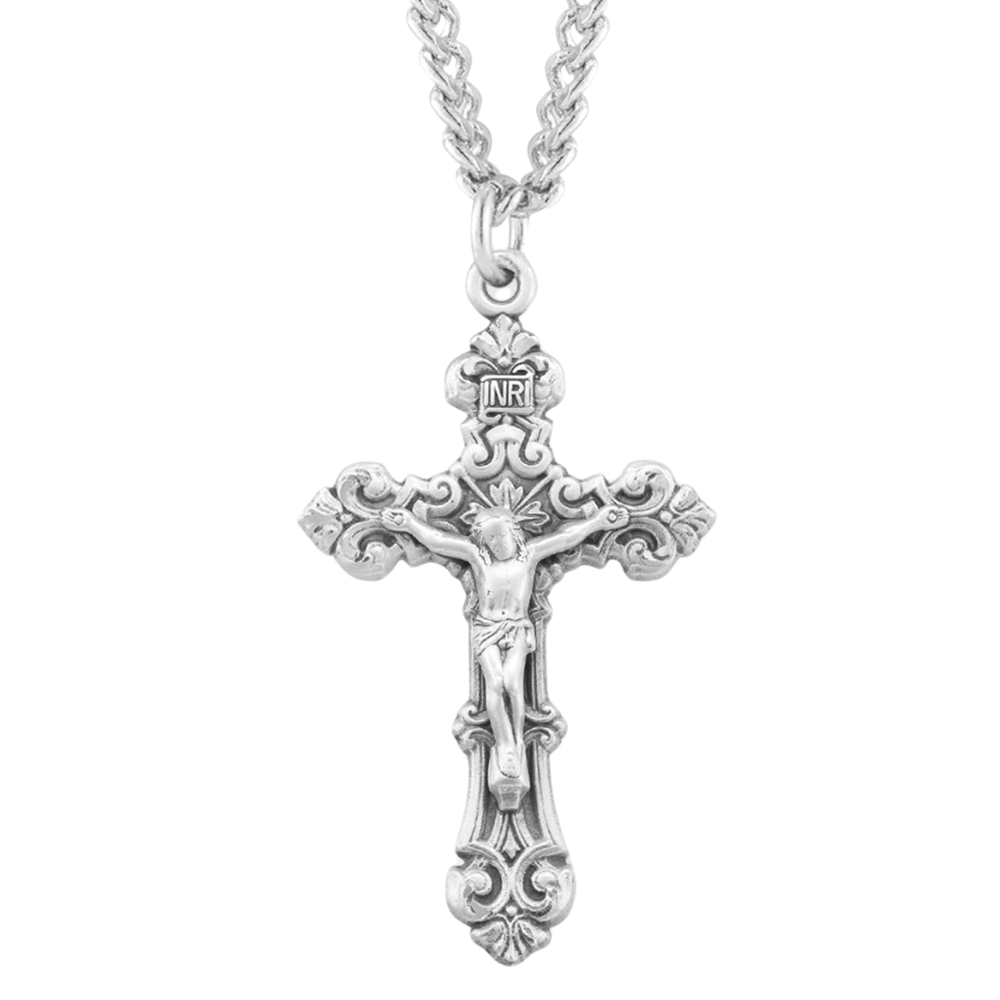 Sterling Silver Scroll Design Rosary Crucifix, Catholic Gift, Made in USA