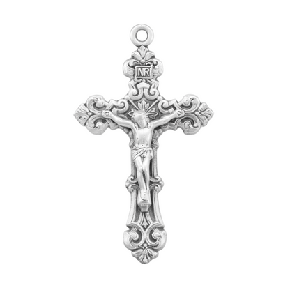 Scroll Design Crucifix Sterling Silver Pendant — 27" Chain, Made in USA, Gift Box