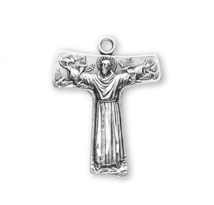 Saint Francis of Assisi Tau Cross Medal Sterling Silver Necklace — 18" Chain