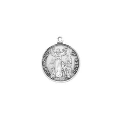 Saint Francis Round Sterling Silver Medal — 18" Chain, Made in USA, Gift Box