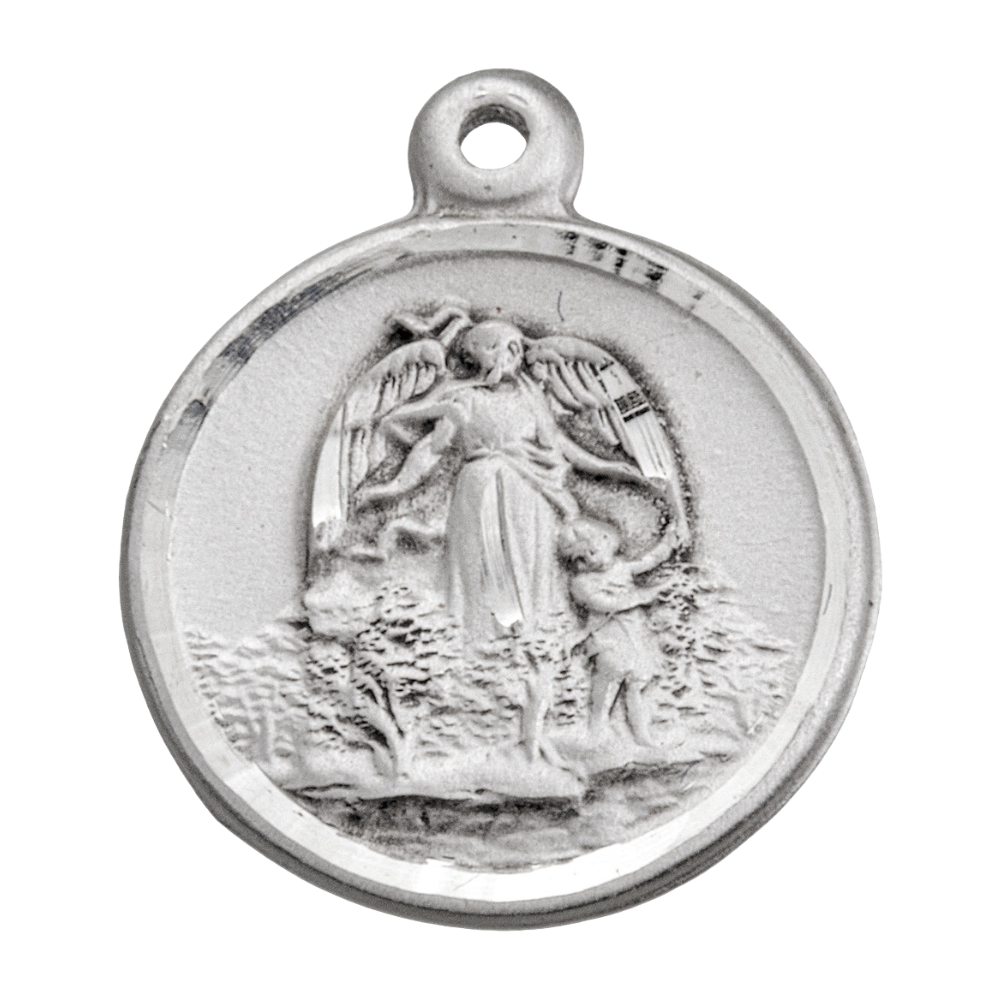 Guardian Angel Round Sterling Silver Medal Necklace — 18" Chain, Gift Box