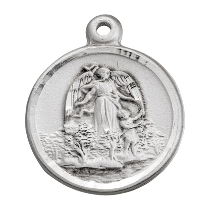 Guardian Angel Round Sterling Silver Medal Necklace — 18" Chain, Gift Box