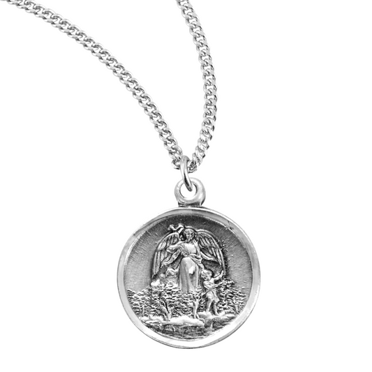 Guardian Angel Round Sterling Silver Medal, Catholic Gift, Made in USA