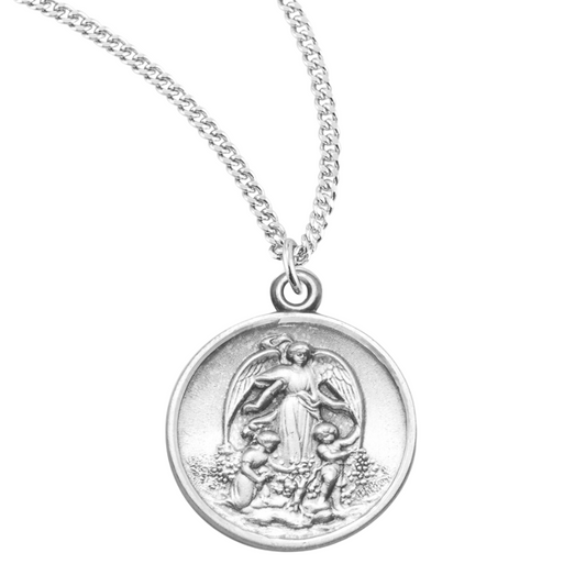 Guardian Angel Round Sterling Silver Medal, Catholic Gift, Made in USA