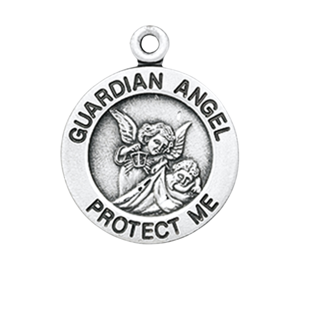 Guardian Angel Sterling Silver Round Medal Necklace — 18" Chain, Made in USA