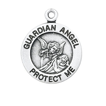 Guardian Angel Sterling Silver Round Medal Necklace — 18" Chain, Made in USA