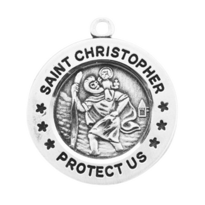Saint Christopher Sterling Silver Round Medal — 18" Chain, Made in USA, Gift Box