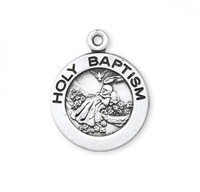 Holy Baptism Round Sterling Silver Medal Necklace — 18" Chain, Gift Box Included