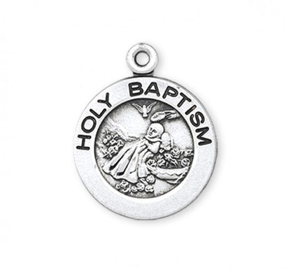 Holy Baptism Round Sterling Silver Medal Necklace — 18" Chain, Gift Box Included
