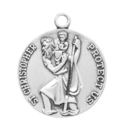 Saint Christopher Sterling Silver Round Medal — 20" Chain, Made in USA, Gift Box